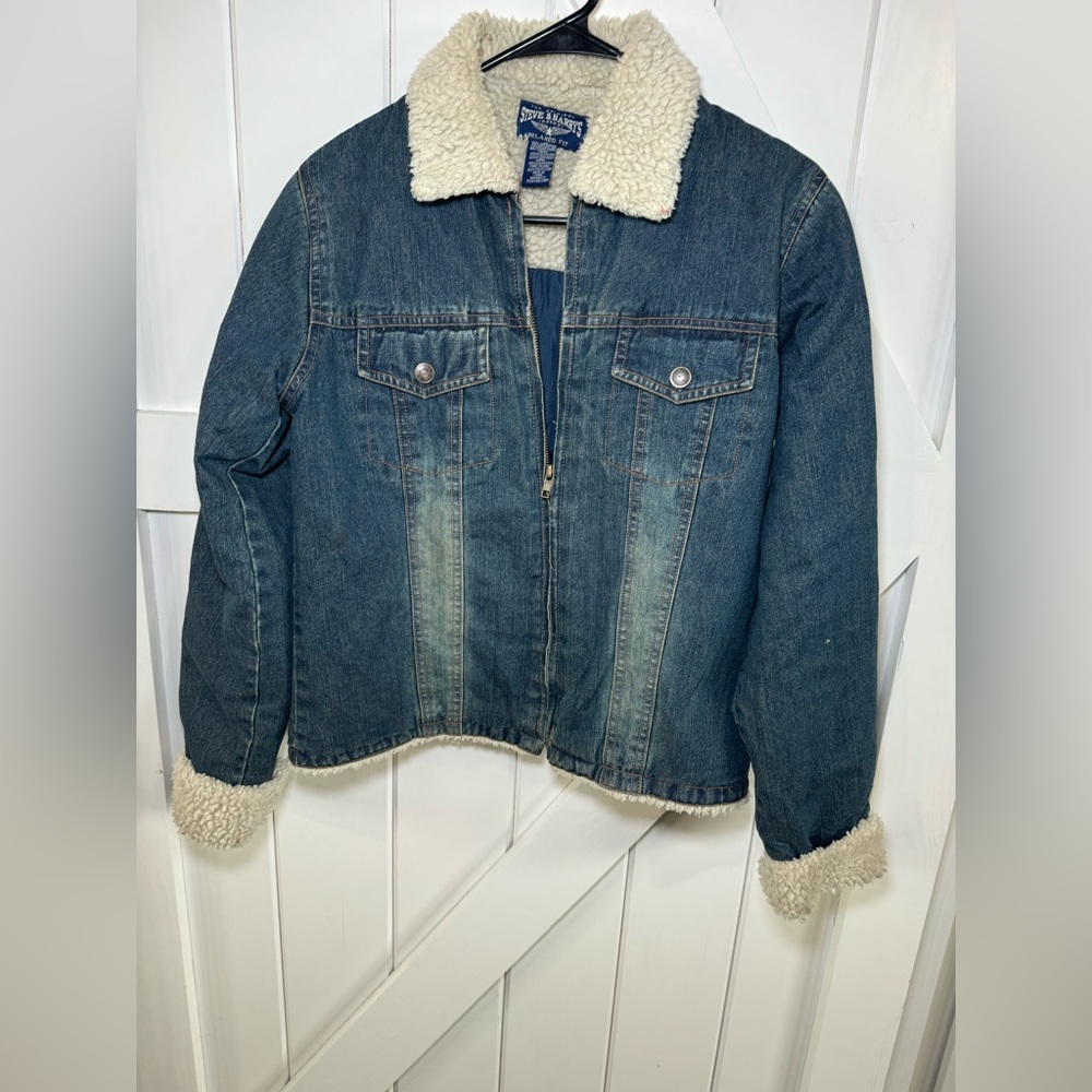 Steve & Barry's Women’s Denim Sherpa Jacket Lined Full Zip Up. Flip Cuff. Size S